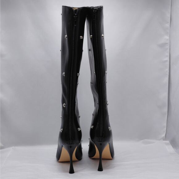 Black Studded Knee High Pointed Toe Stiletto Heel Boots Womens 7.5 Edgy Chic - Picture 4 of 9